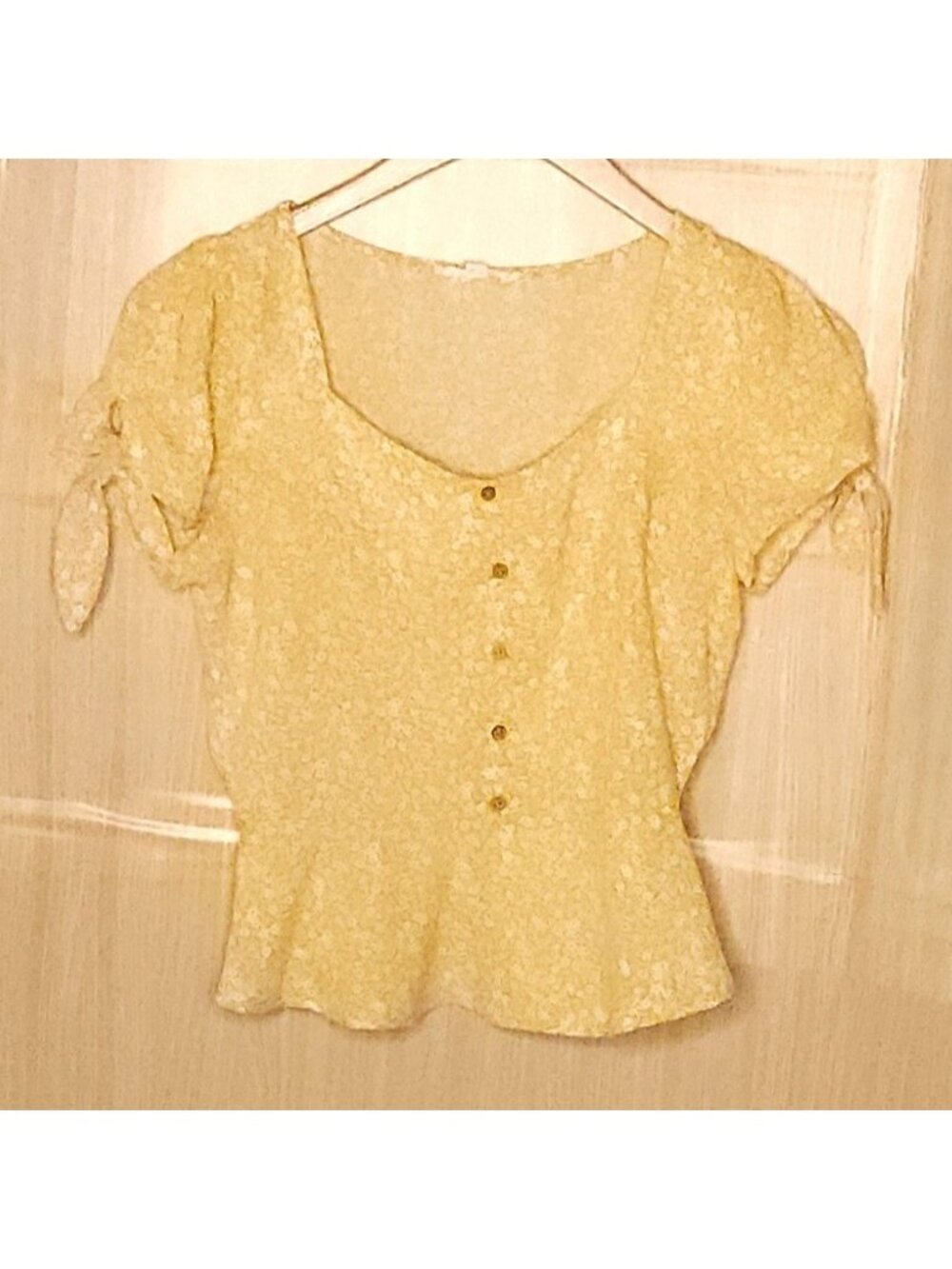 Mine Womens Yellow Floral Short Sleeve Cropped Peplum Top Medium